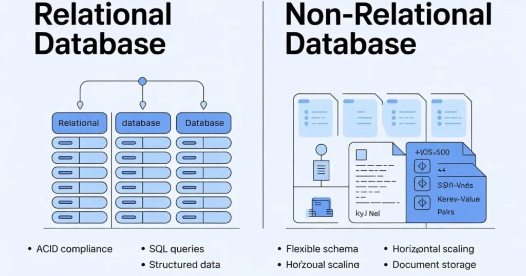 Diagram explaining the structure of Data Storage: Relational vs Non-Relational Databases with tables, rows, and columns connected by relationships.