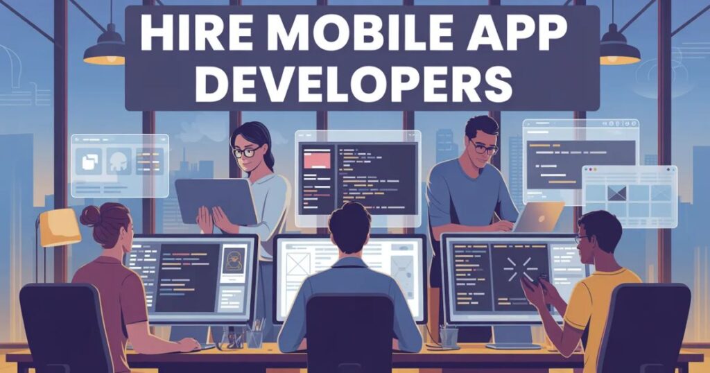 Team discussing app architecture, design, and user experience for a new hire mobile app developers.