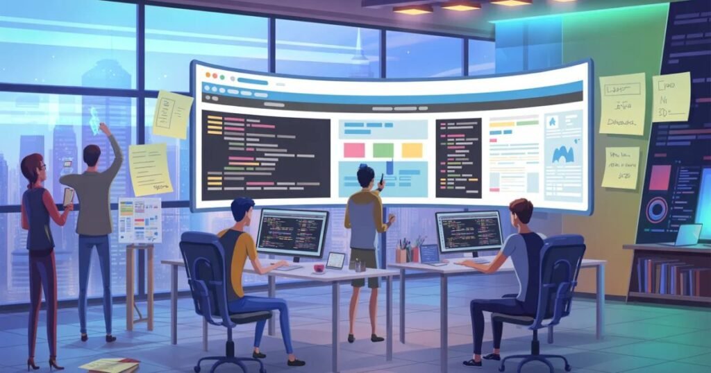 Developer writing and testing web app code on a computer screen.