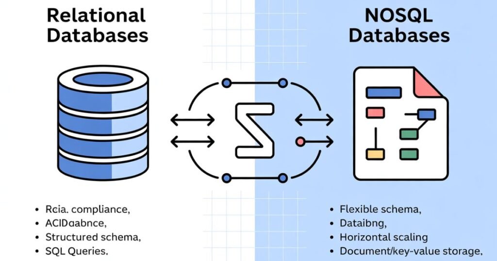 Relational vs NoSQL Databases architecture diagram highlighting SQL relationships and NoSQL document storage.