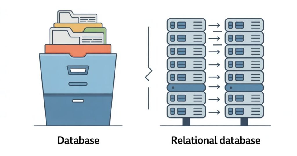 Database vs Relational Database diagram highlighting flexibility and scalability differences.