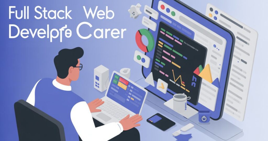Full Stack Web Developer Career training workspace with coding laptop and books