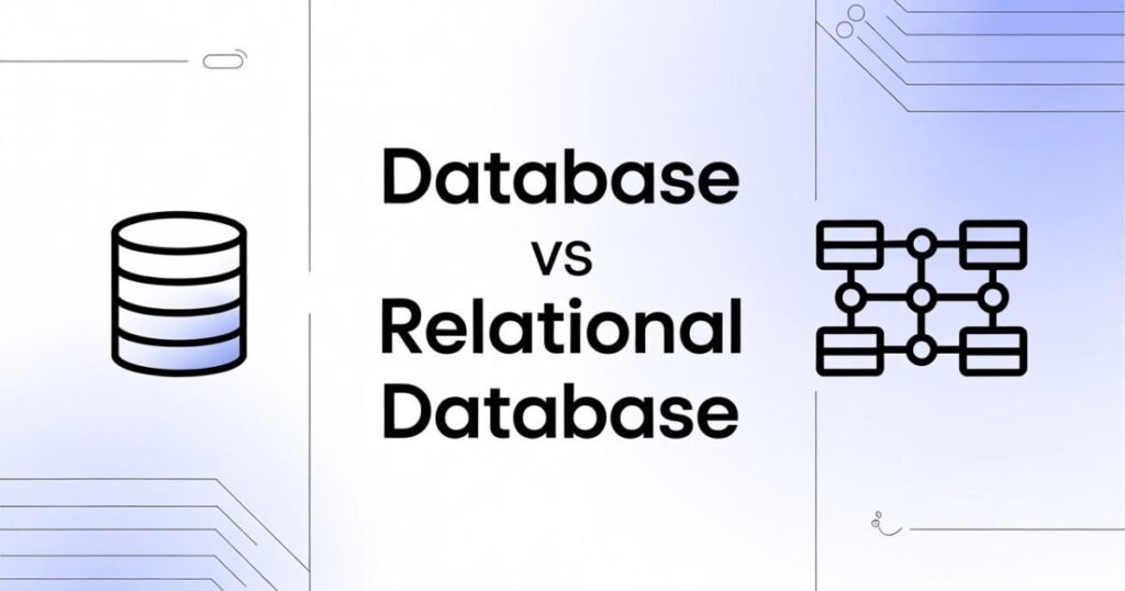 Database vs Relational Database visual explaining tables, rows, and relationships in data storage.