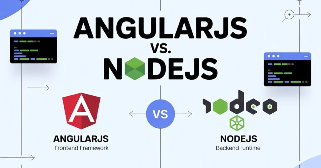 AngularJS vs. NodeJS comparison showing frontend and backend development roles.