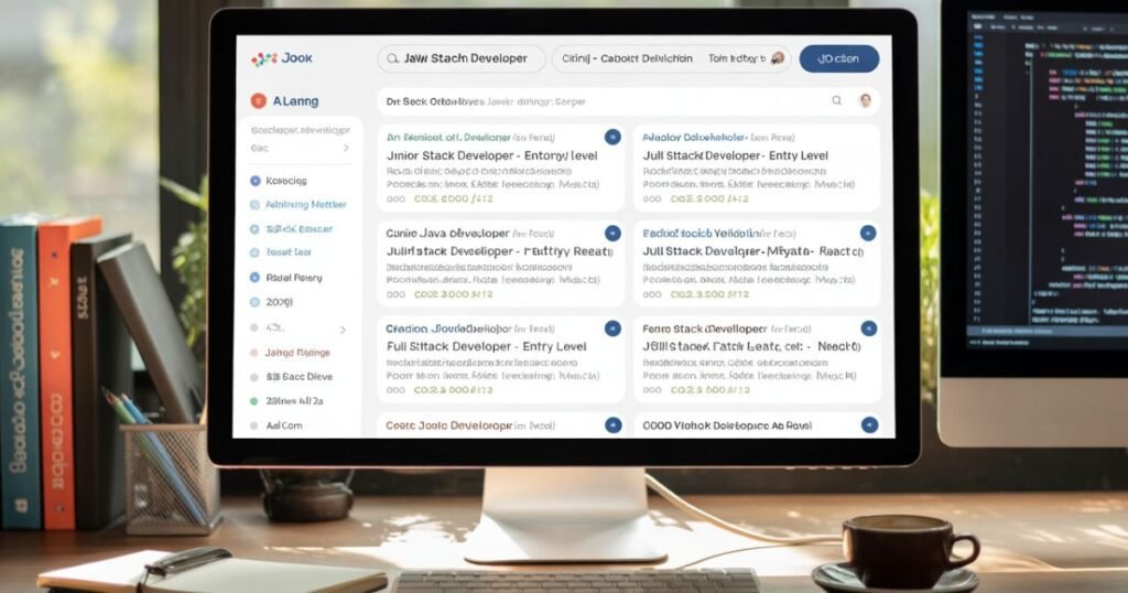 Entry Level Java Full Stack Developer Jobs project teamwork among trainees at a training center.