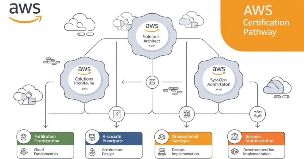 AWS Certifications Path by checkmateittech highlighting job placement assistance and cloud career opportunities