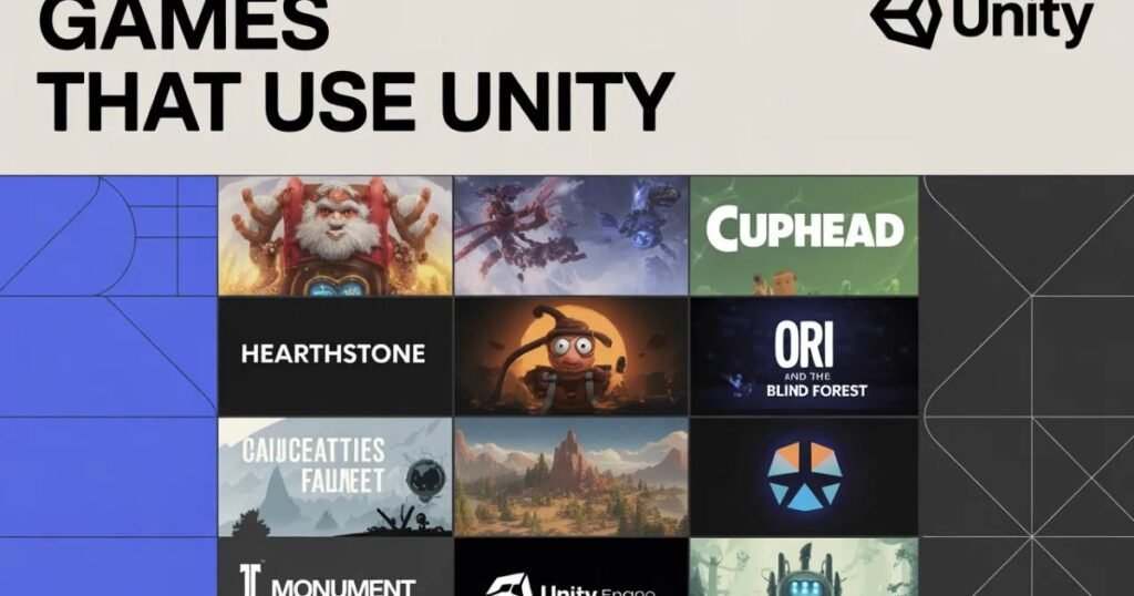 Games that use Unity showcased through popular mobile and PC game visuals.
