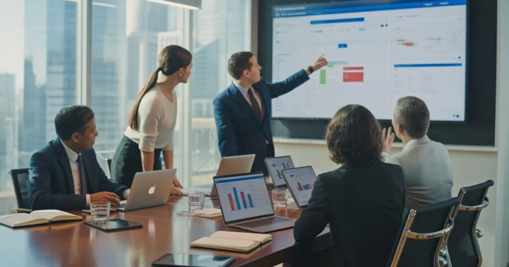 Unit4 ERP training online session with agresso login dashboard displayed on laptop screen