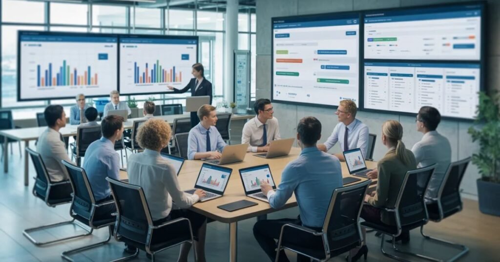 Agresso training courses classroom session with instructor explaining Unit4 ERP finance modules in the United States