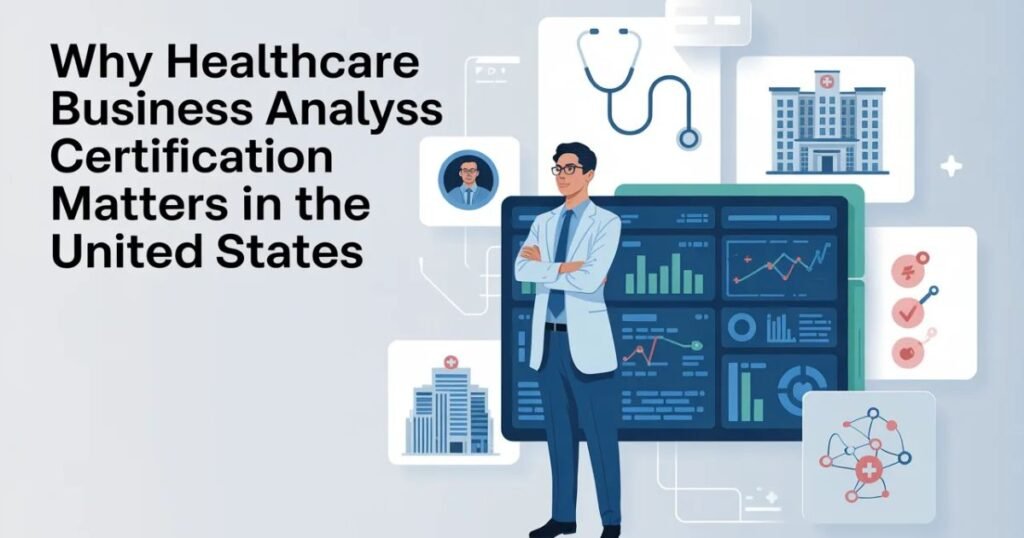 Student attending healthcare business analyst certification online training on a laptop in the United States