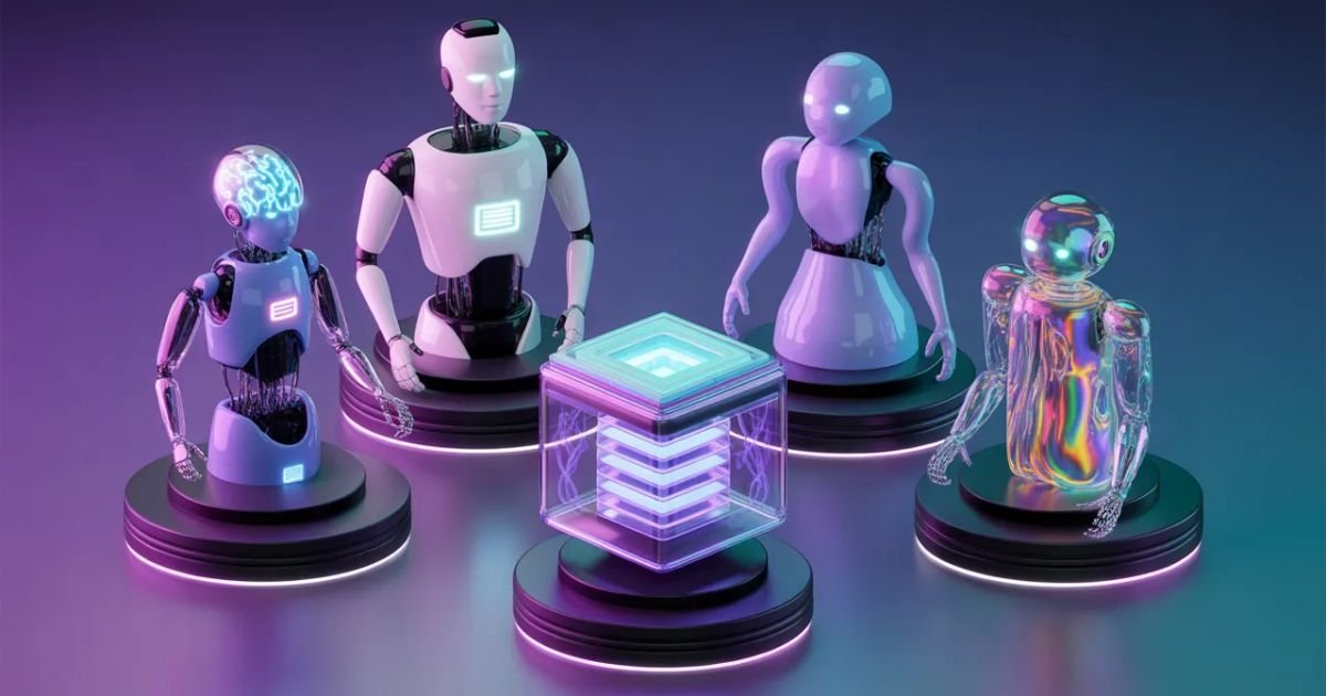 Types of AI shown with real-world applications like healthcare, automation, and robotics.