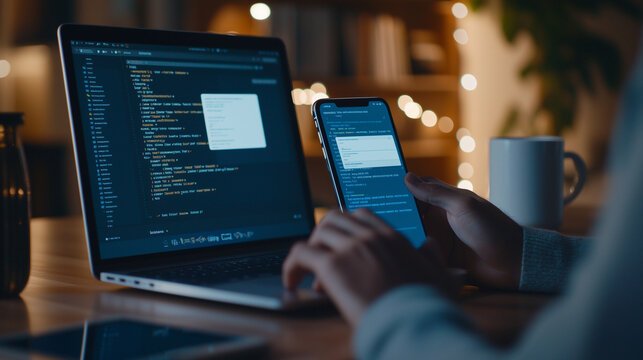 React Native Development process showing mobile app interface and cross-platform coding workflow