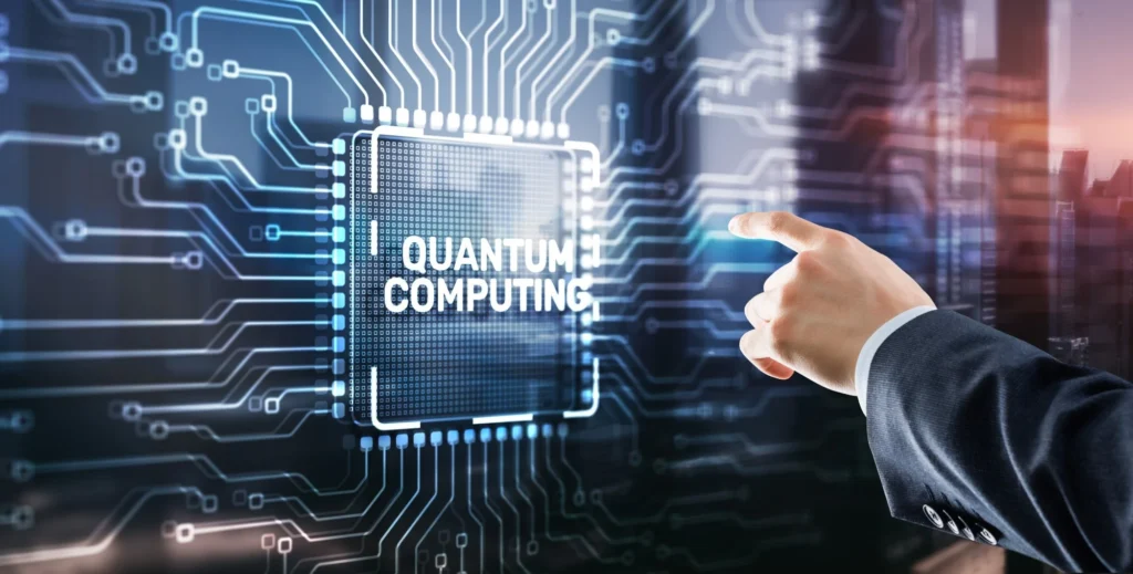 Quantum Computing concept illustration showing advanced qubits and futuristic data processing.