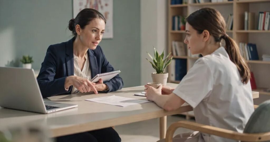 A group of healthcare recruiters conducting a panel interview with a medical job candidate in a conference room